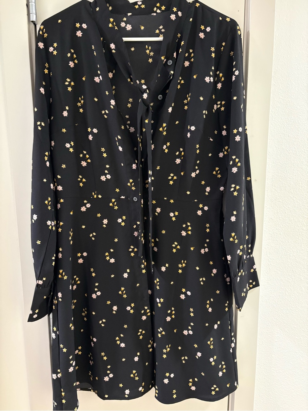 LOFT Black Long-Sleeve Floral Tie-Neck Dress